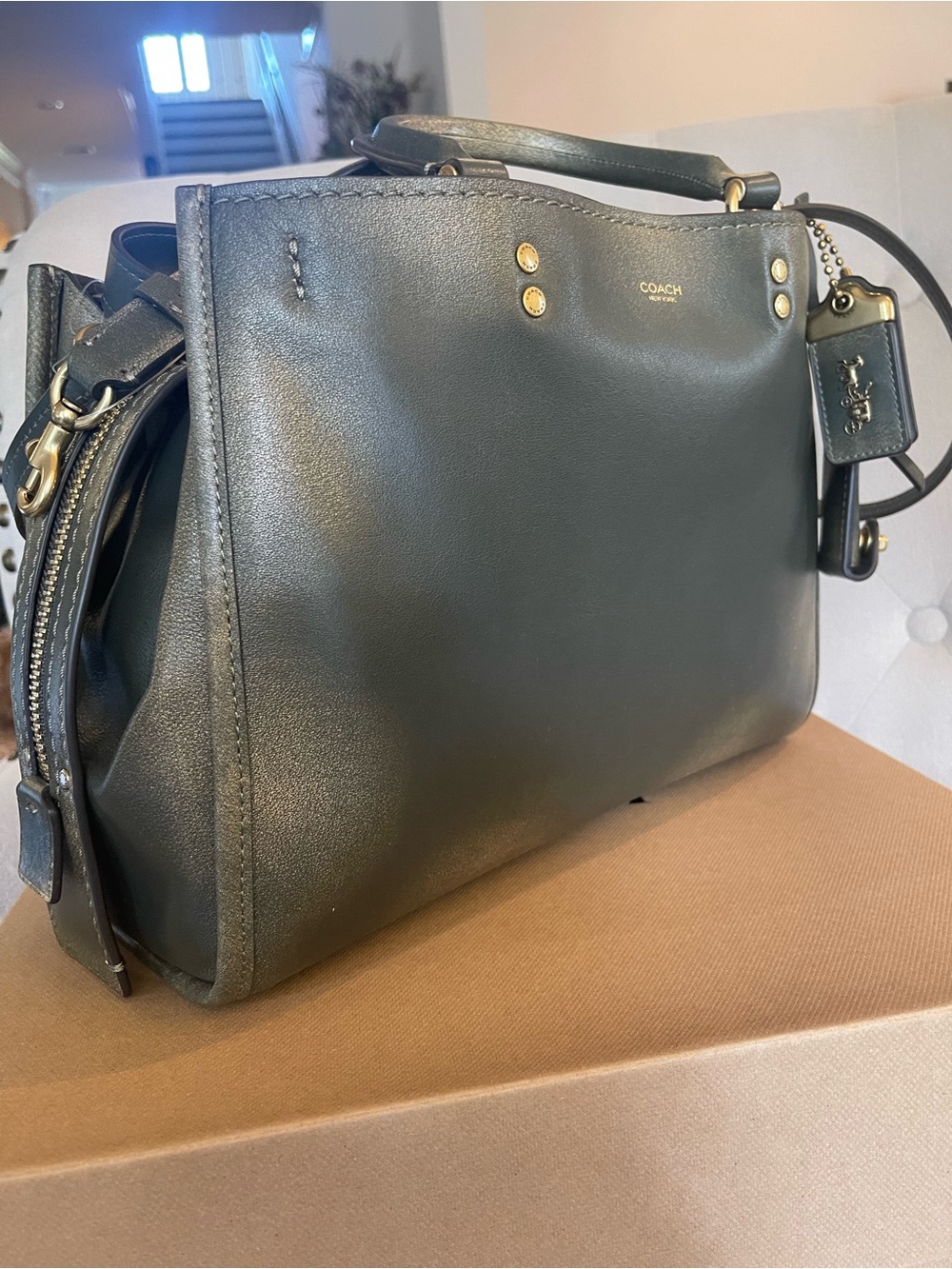 Coach Loved Leather Rogue 31 Brass/Green Rub-Off Soft Full Grain Leather NWT - Picture 13 of 16